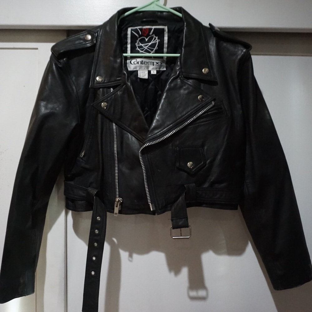 Contempo Vintage Cropped Black Leather Jacket 90s